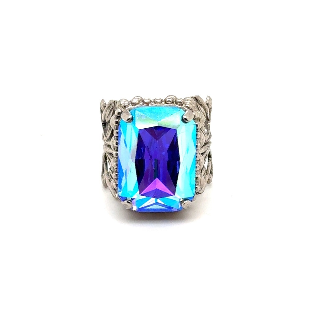 Sorrelli Iridescent Blue Aurora Borealis Emerald Cut Crystal Filigree Ring Sz 8